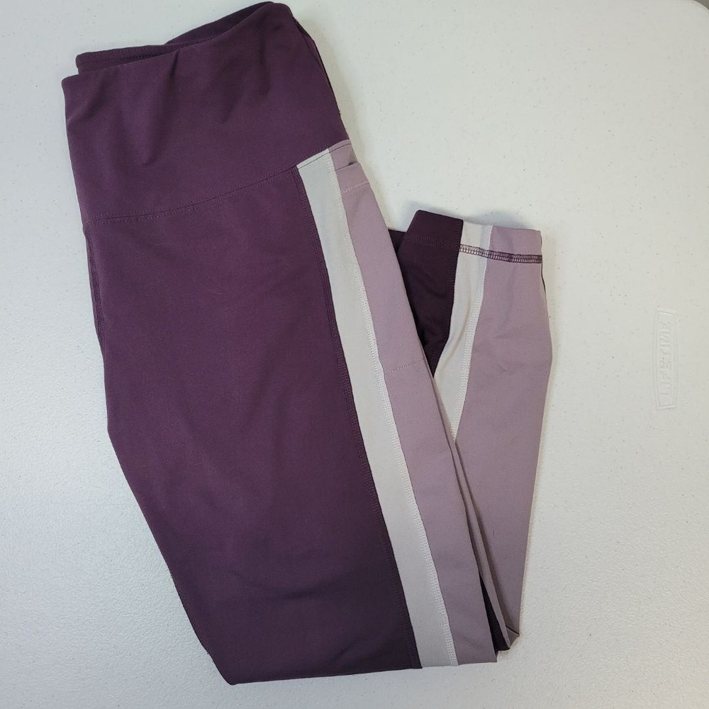 Reebok Womens Burgundy Athletic Leggings Size L High Rise Side Stripe Pocket